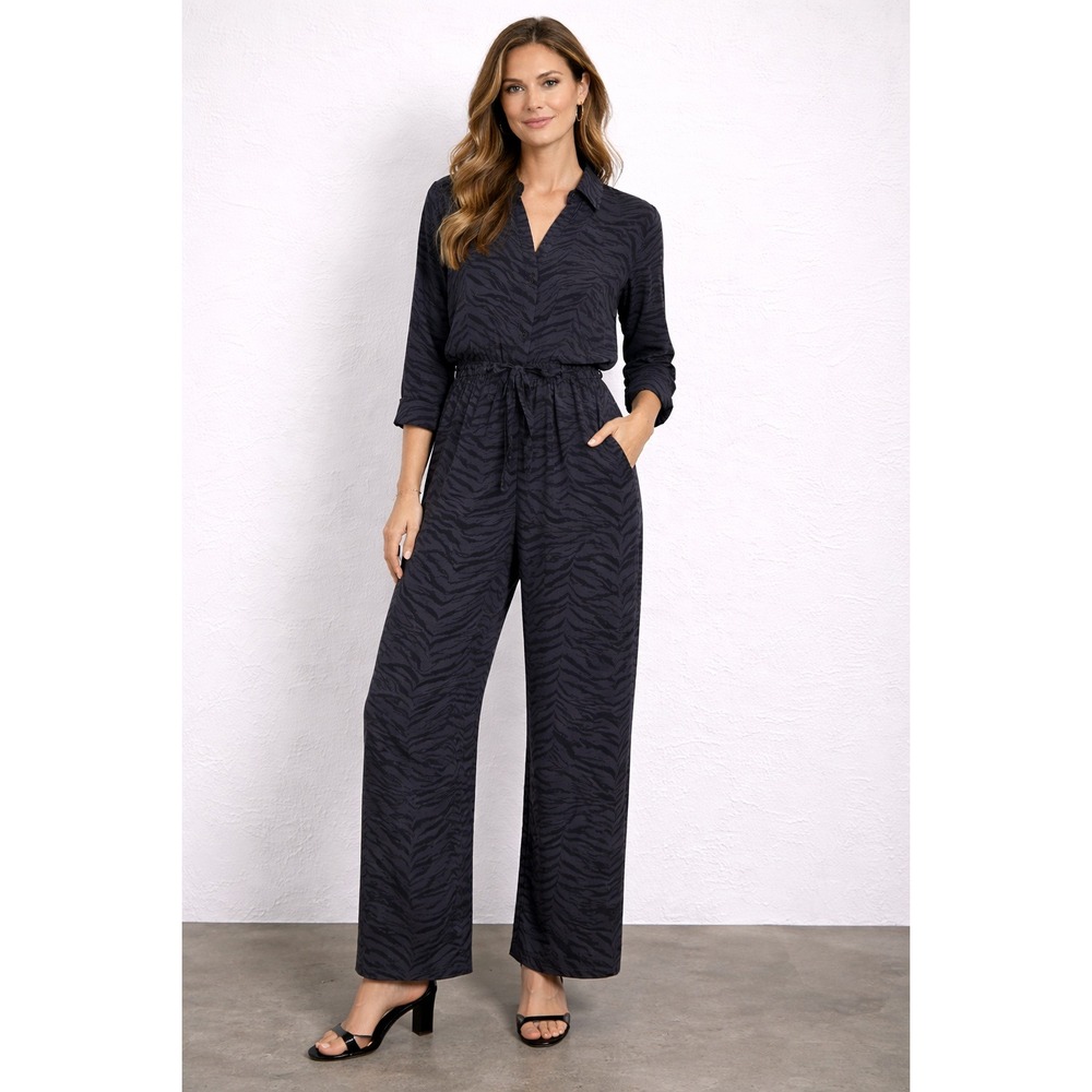 Rails Zebra Jumpsuit Womens L Callan Charcoal Tiger Stripe Long Sleeve Belted